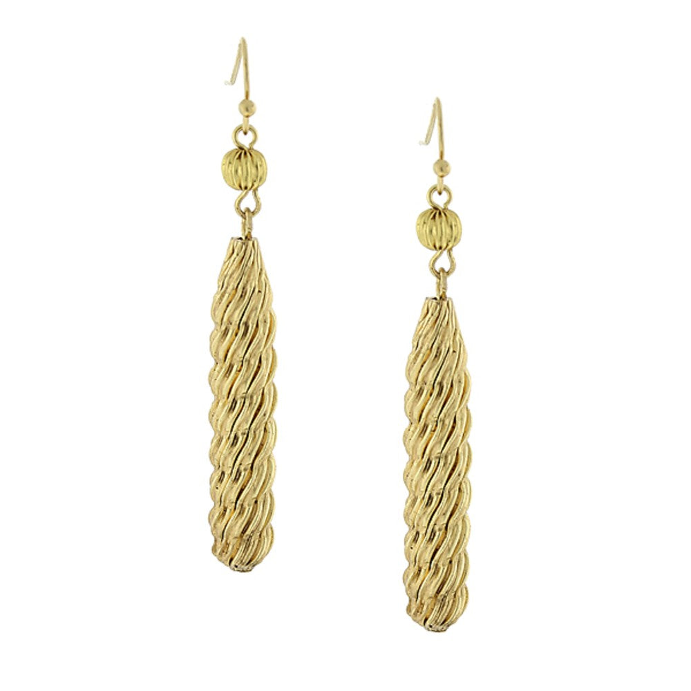 Gold Tone Textured Fluted Tube Drop Dangle Earrings