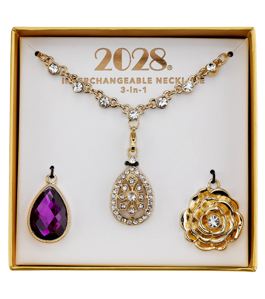 2028 Jewelry 3 In 1 Purple & Crystal Teardrop Interchangeable Necklace Set 16" + 3" Extender