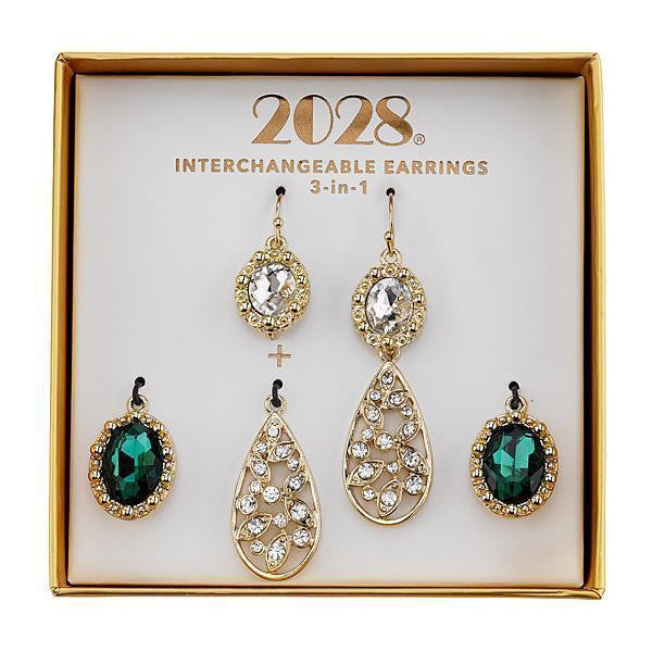 Gold Tone Green And Crystal Interchangeable Earrings Boxed Set