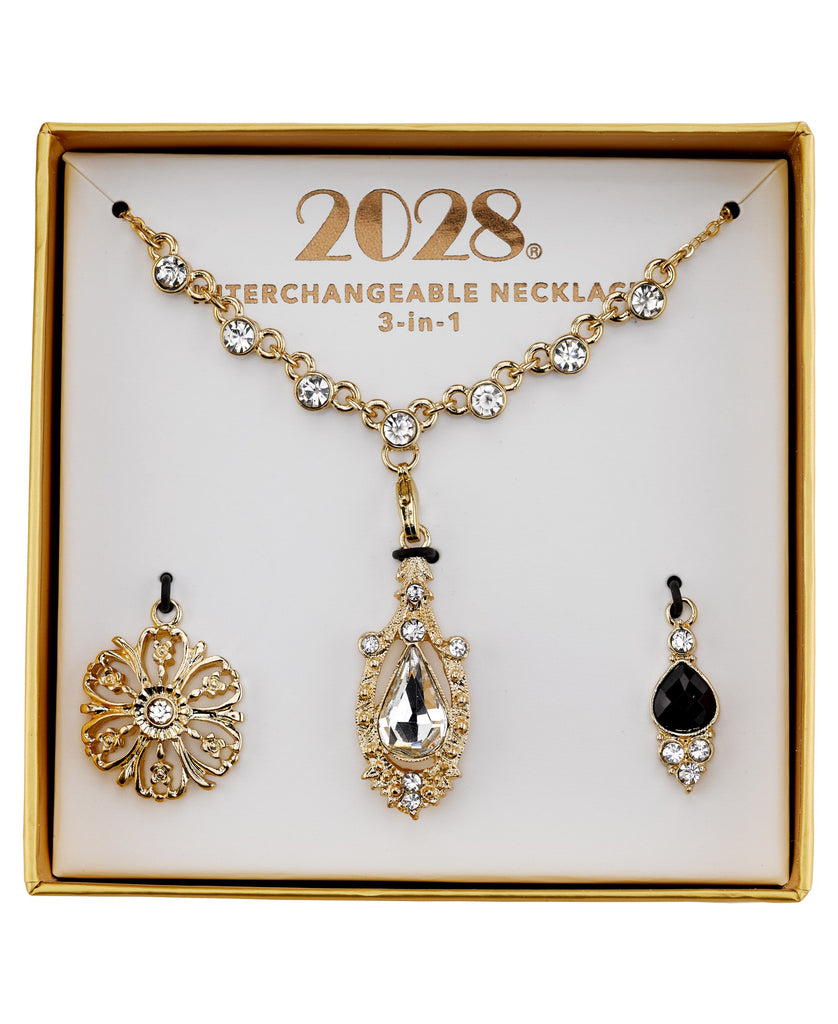 Gold Tone Crystal And Black Interchangeable Pendant Necklace Boxed Set
