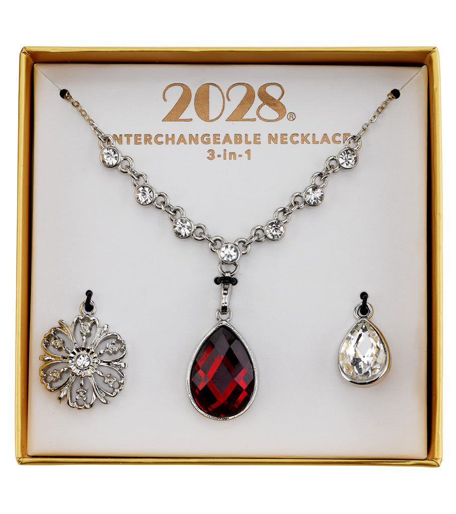 2028 Jewelry 3-In-1 Teardrop & Flower Crystal Interchangeable Necklace Set 16" + 3" Extender