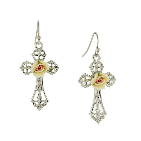 Silver or Gold Tone Porcelain Rose Cross Drop Earrings