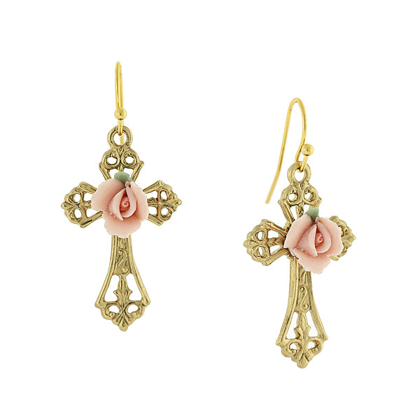 1928 jewelry gold tone porcelain rose cross drop earrings
