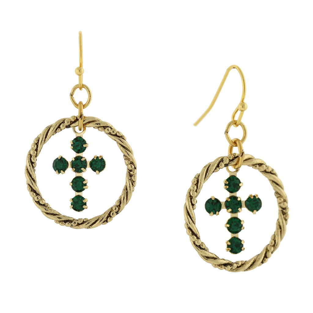 Dark Green 14K Gold Dipped Shimmering Crystal Cross Hoop Earrings