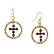 Dark Purple 14K Gold Dipped Shimmering Crystal Cross Hoop Earrings