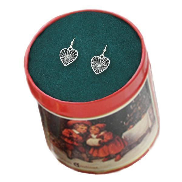 Silver Tone Hematite Color Filigree Drop Earrings In Christmas Tin