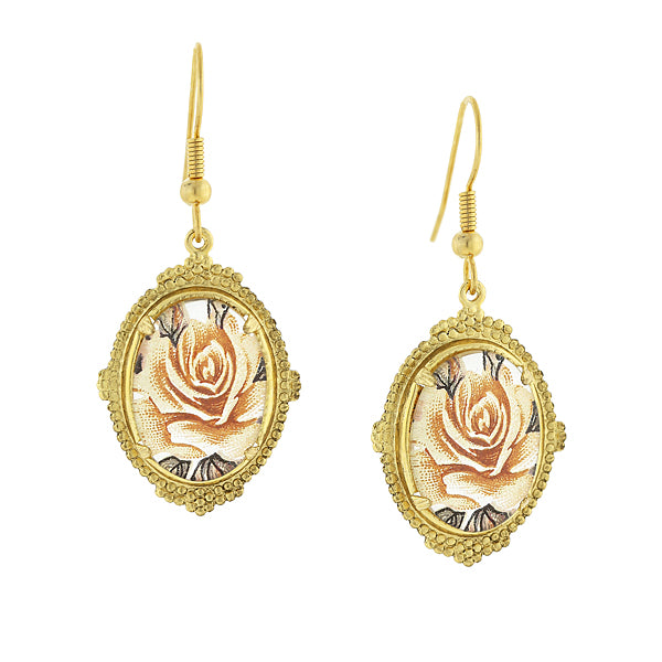Pink  Classic Gold Tone Floral Oval Drop Earrings
