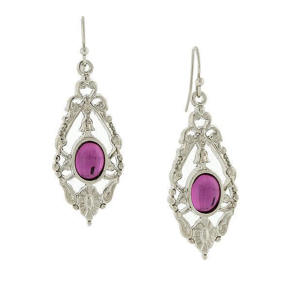 Ornate Floral Inspired Silver Tone Oval Violet Purple Drop Earrings