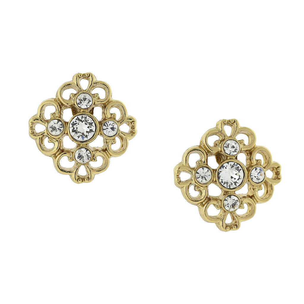 Gold Tone Crystal Accent Filigree Button Stud Earrings