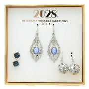 3 Piece Box Silver Tone Crystal Blue Earring Set