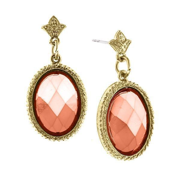Gold Tone Coral Oval Faceted Drop Earrings