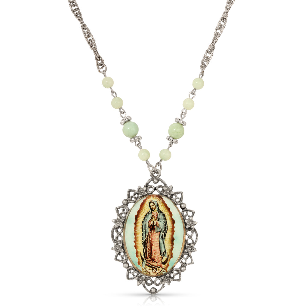 Green Bead Floral Filigree Our Lady Of Guadalupe Pendant Necklace 28"