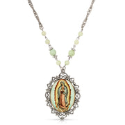 Symbols Of Faith Green Bead Floral Filigree Our Lady Of Guadalupe Pendant Necklace 28"
