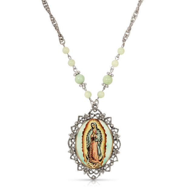 Symbols Of Faith Green Bead Floral Filigree Our Lady Of Guadalupe Pendant Necklace 28"