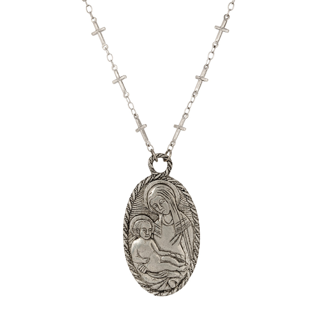 Antiqued Madonna And Child Oval Pendant Cross Necklace 26"