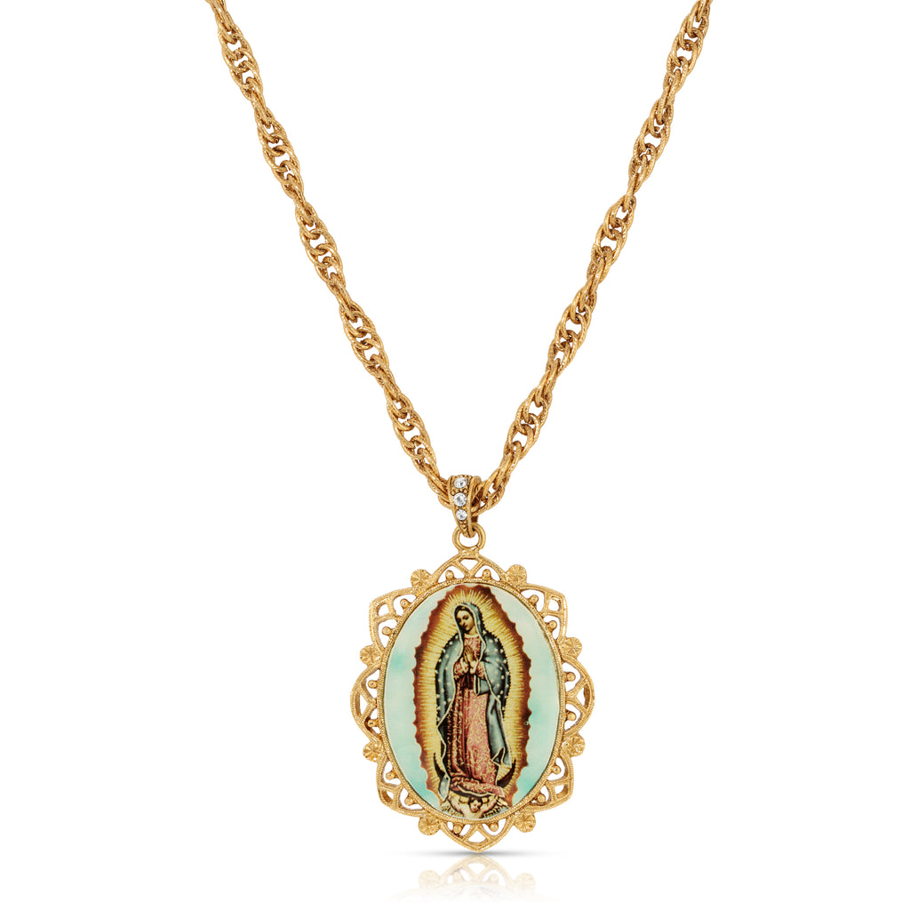 Floral Filigree Lady Of Guadalupe Pendant Necklace 28"