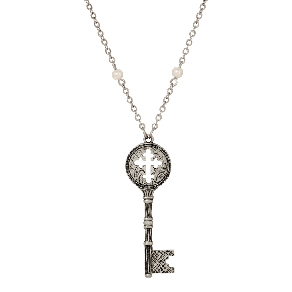 Budded Cross Key Pendant Faux Pearl Accent Necklace 28"L