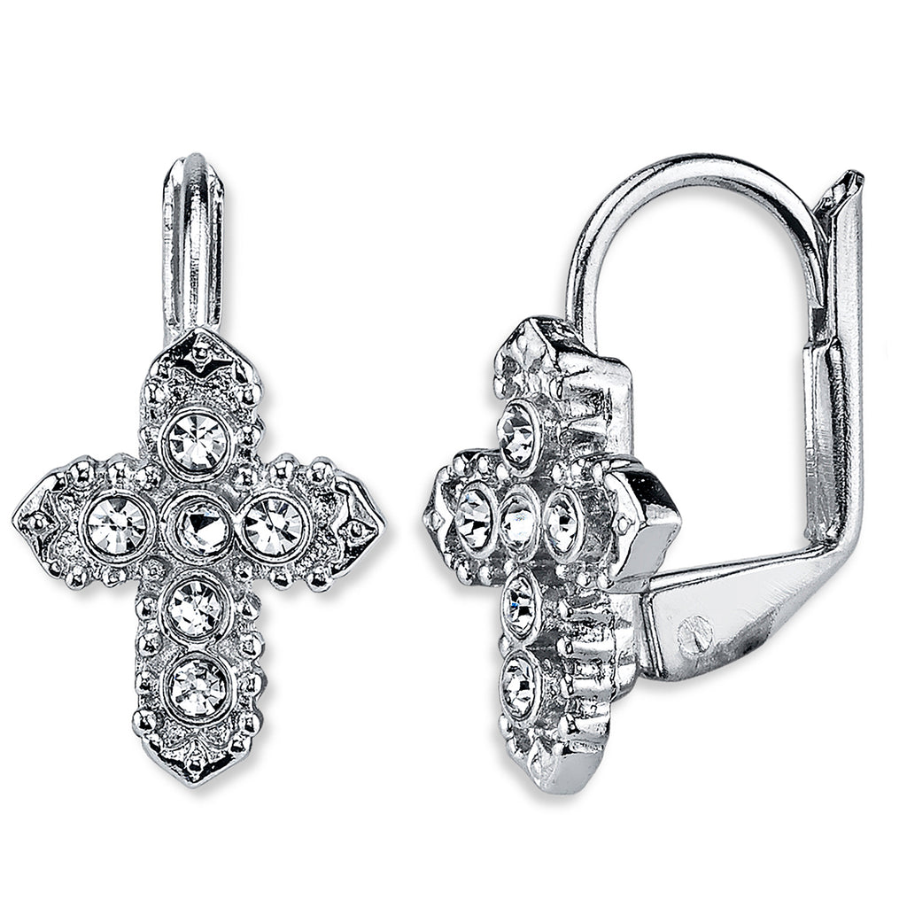 Silver Tone Crystal Cross Leverback Earrings
