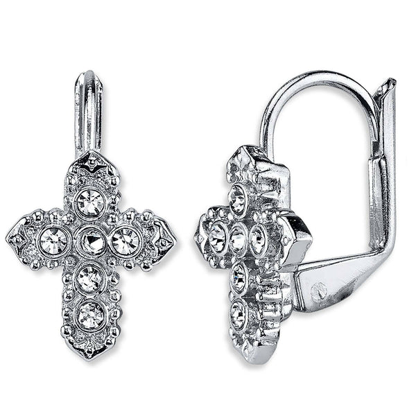 Symbols Of Faith Crystal Cross Lever Back Earrings| Catholic