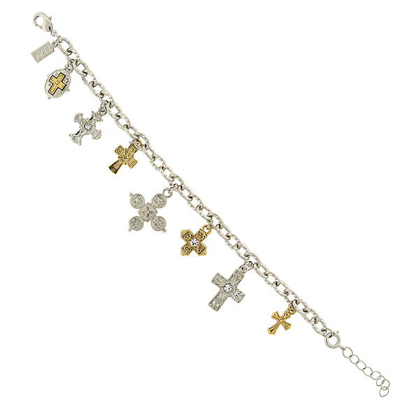 14K Gold Dipped And Silver Tone Seven Cross Charm Bracelet