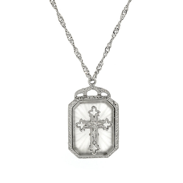 Silver Tone Frosted Stone With Crystal Cross Large Pendant Necklace 28 In