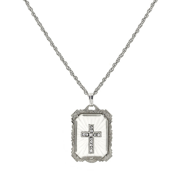 Silver Tone Frosted Stone With Crystal Cross Large Pendant Necklace 18 In