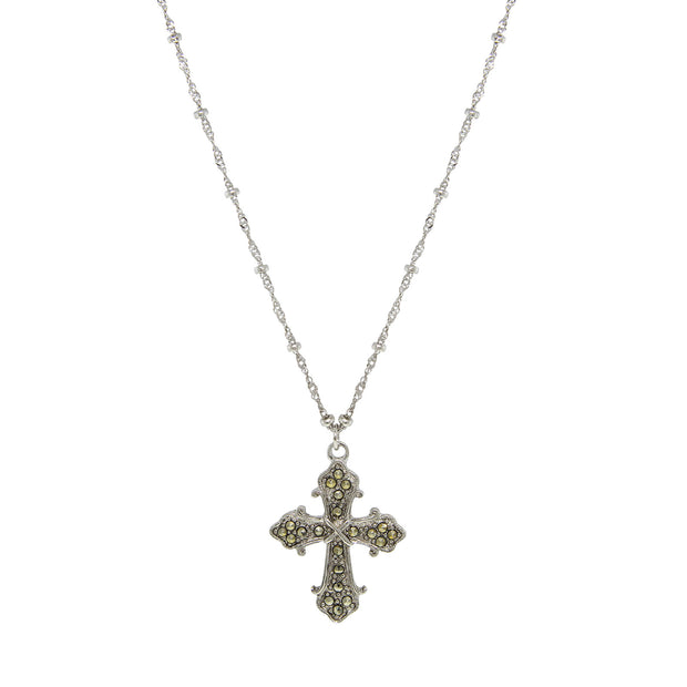 Silver Tone Imitation Marcasite Cross Pendant Necklace 16   19 Inch Adjustable