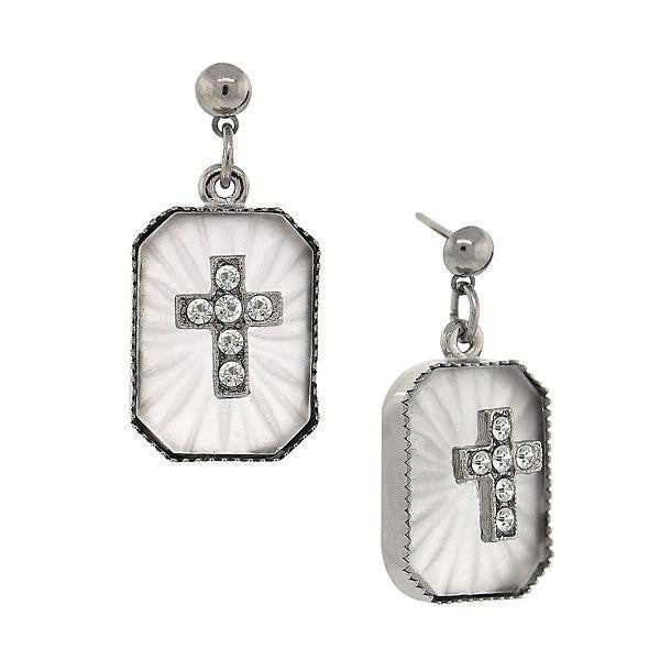 Silver Tone Frosted Stone Crystal Cross Drop Earrings