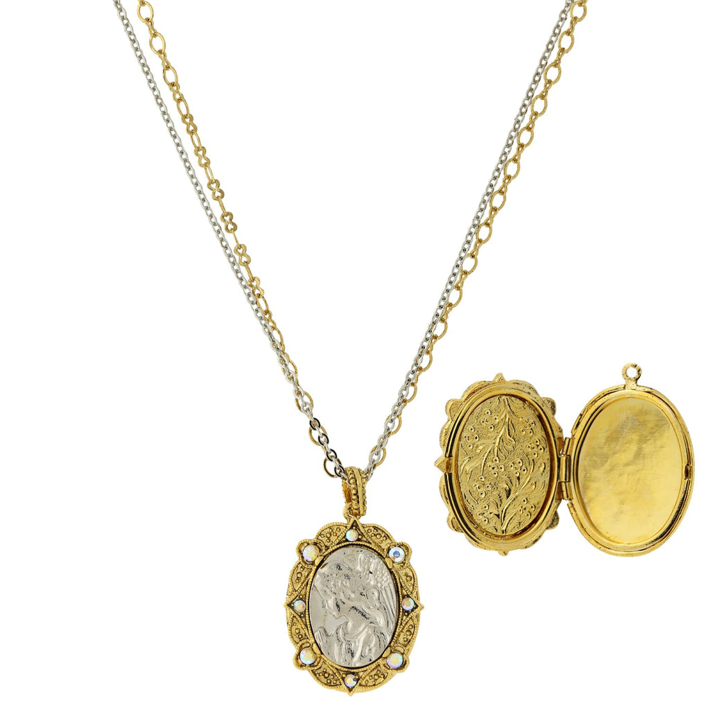 14K Gold Dipped & Silver Tone Crystal Ab Angel Locket Double Strand Necklace 24 Inch