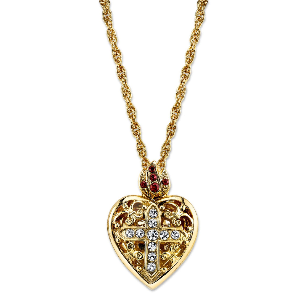 14K Gold Dipped Crystal Heart Cross Locket Necklace 18 Inch