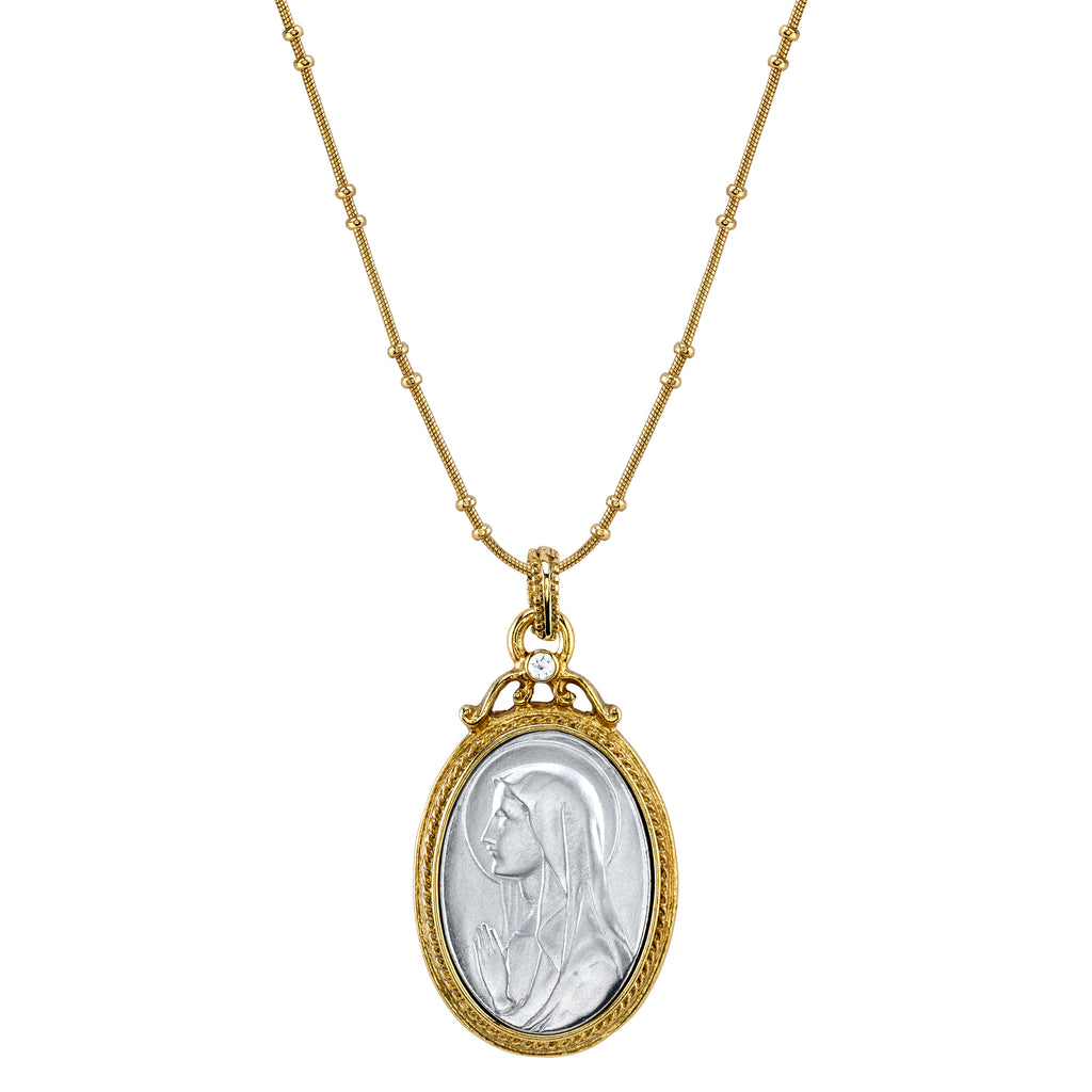 Two Tone Virgin Mary Medallion With Crystal Accent Necklace 20"