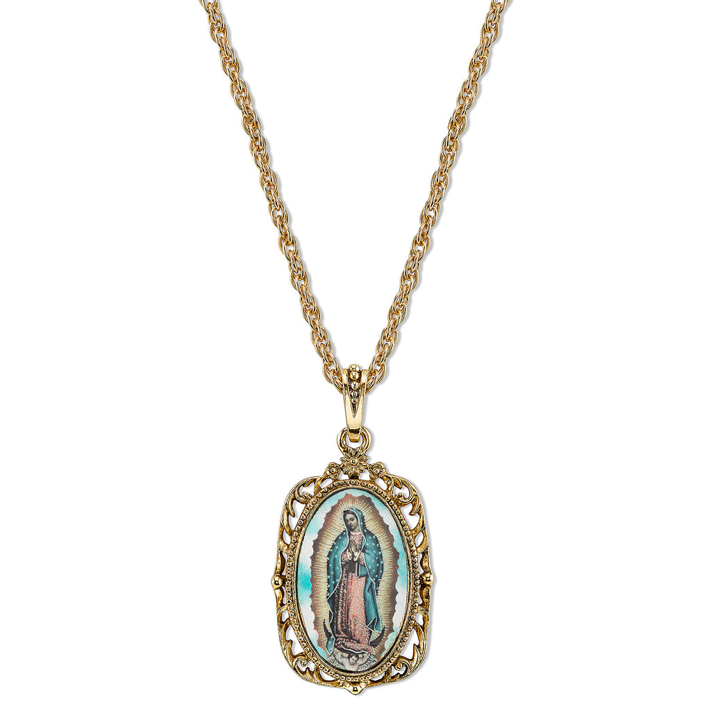14K Gold Dipped Enamel Lady Of Guadalupe Medallion Necklace 24 In