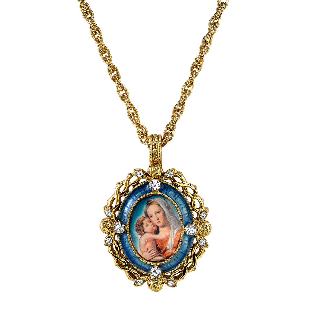 14K Gold Dipped Crystal Blue Enamel Mary And Child Pendant Necklace 24 Inches