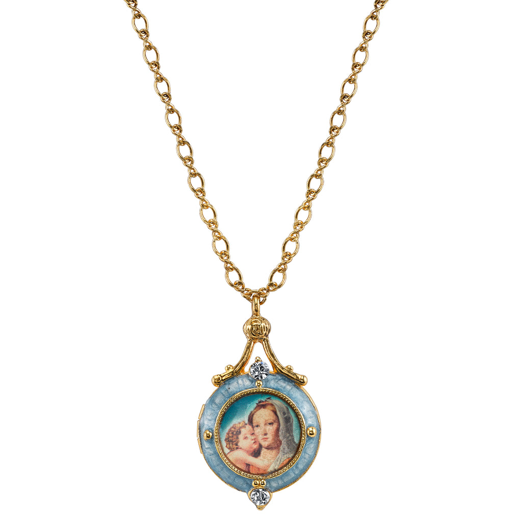 Blue Enamel Mary And Child Locket Necklace