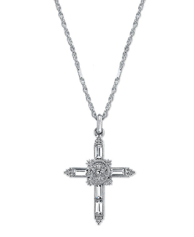 Inspirations Silver-Tone Crystal Cross Pendant Necklace, 18