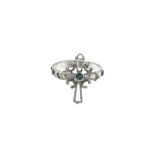 Carded Silver Tone Blue Cross Ring Size 5