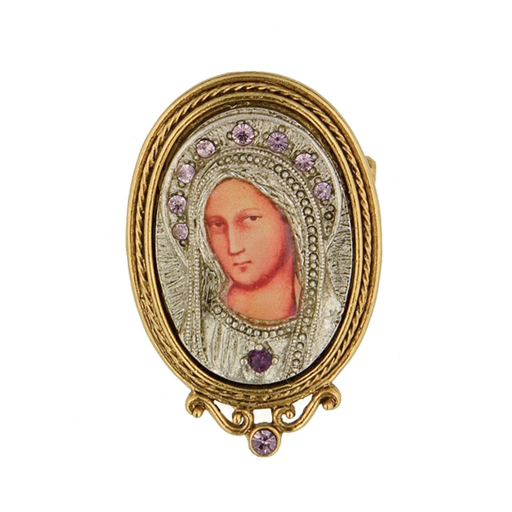 14K Gold Dipped And Silver Tone Purple Crystal Enamel Small Iconica Mary Brooch