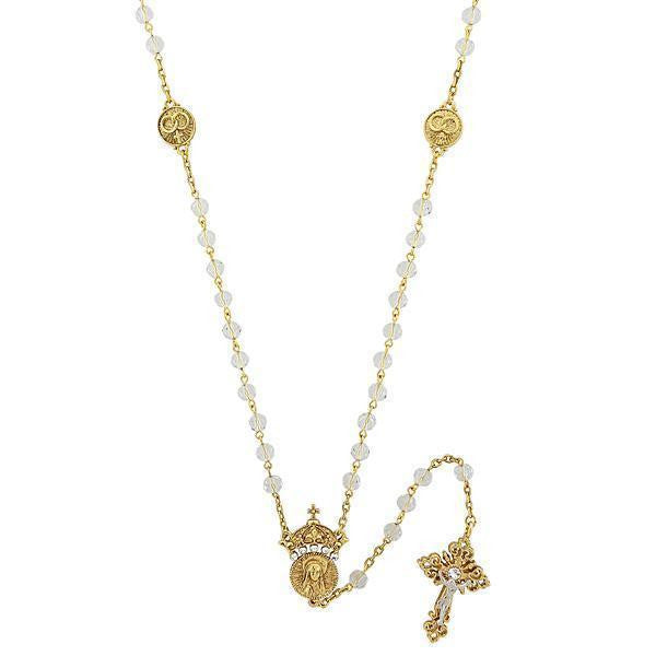 14K Gold Dipped Crystal Two Rings And Cross Medallion Wedding Rosary 20