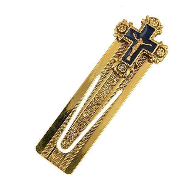14K Gold Dipped And Blue Enamel Crucifix Small Bookmark