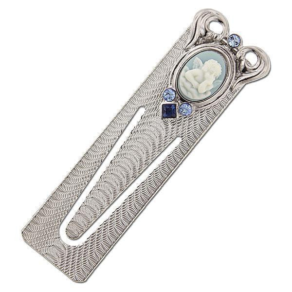Silver Tone Lt. Blue Crystal And White And Blue Angel Cameo Bookmark