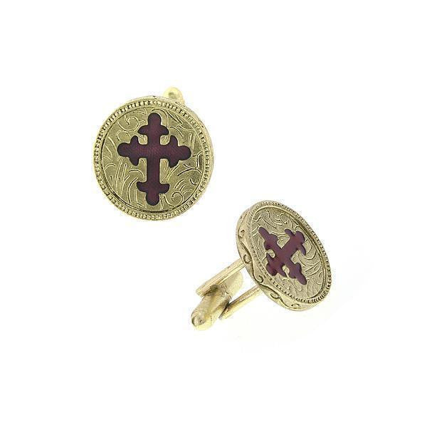 14K Gold Dipped Red Enamel Cross Round Cuff Links