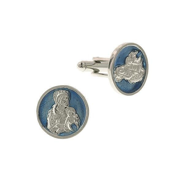 Silver Tone Blue Enamel Holy Mother And Child Round Cuff Links