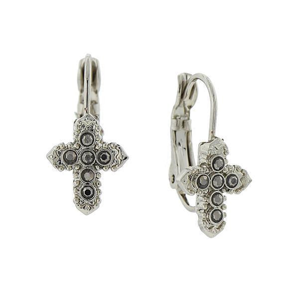 Silver Tone Hematite Color Petite Cross Earrings