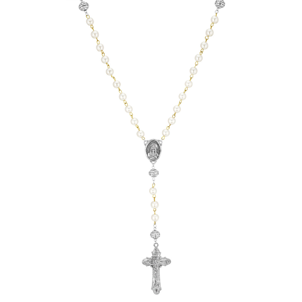 White Faux Pearl Antiqued Crucifix Cross Rosary