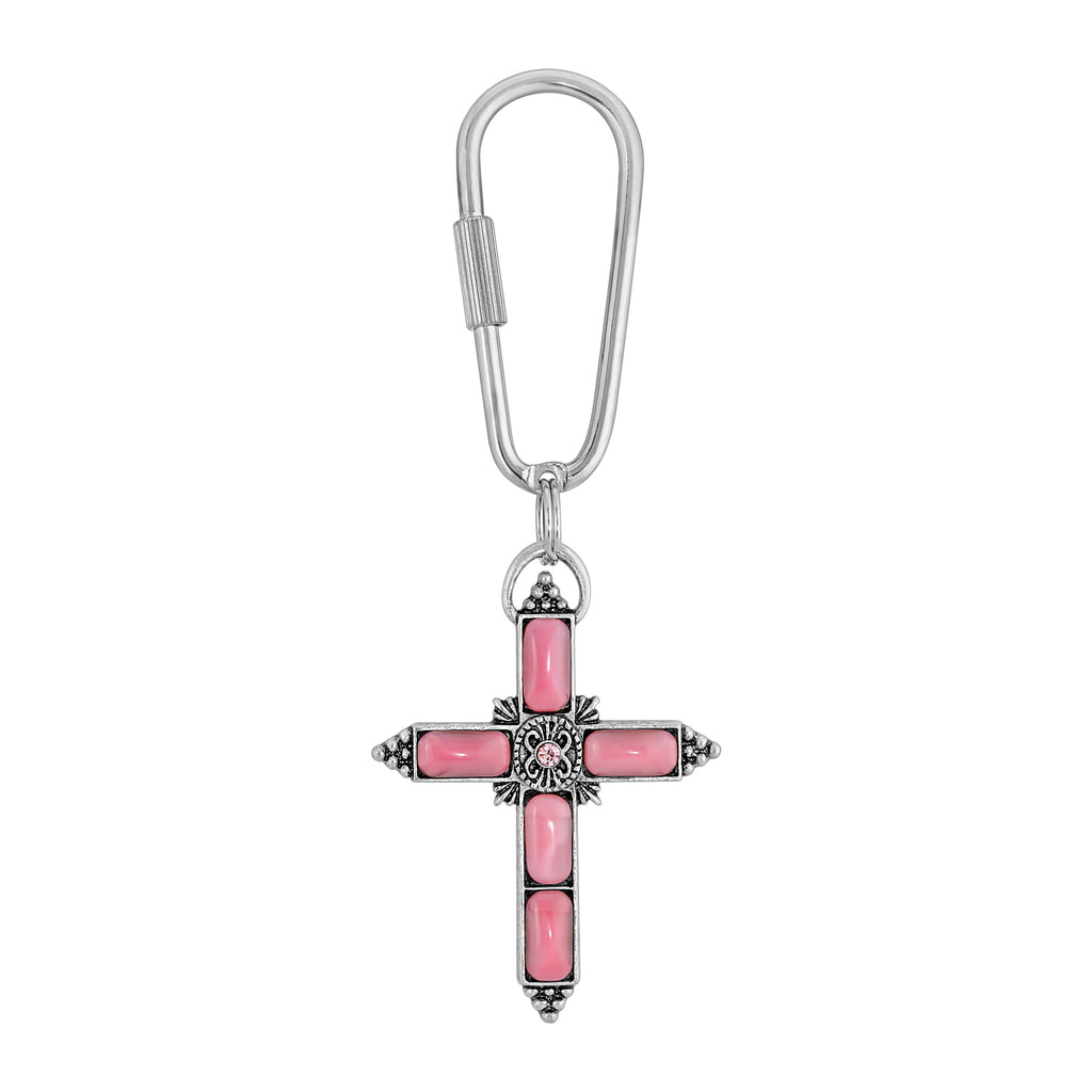 Silver Tone Pink Moonstone with Pink Crystal Center Cross Keychain