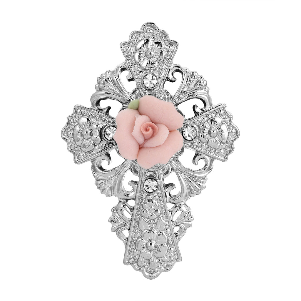 Silver Tone Pink Hand Made Porcelain Rose Pin