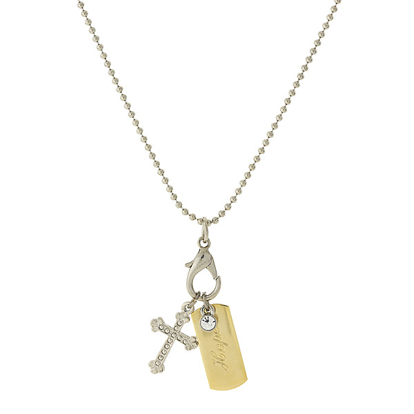 silver tone chain 14k gold dipped joy bar cross charm necklace