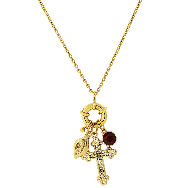 14K Gold Dipped Red Stone And Cross Charm Necklace 30 In