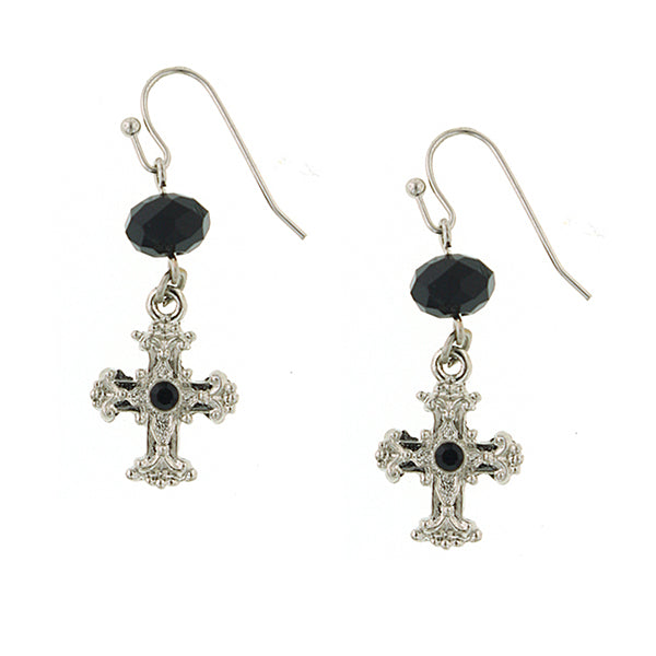 Silver Tone Black Crystal Cross Drop Earrings