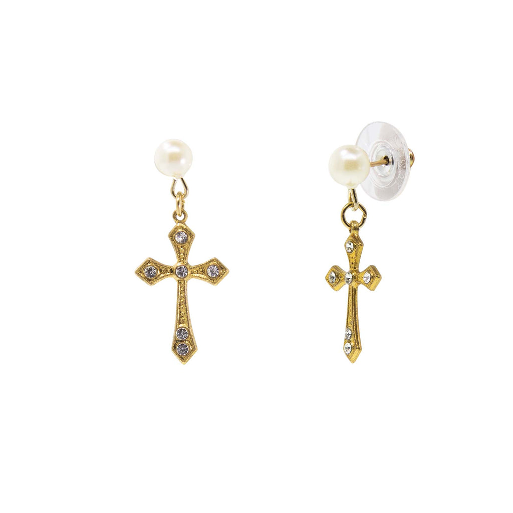Gold Tone Crystal Cross Stud Drop Earrings